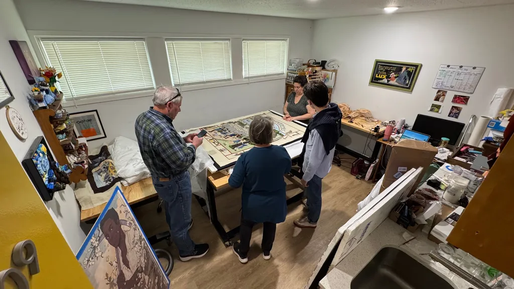 Volunteers Carol Tewes, Tom Ganse, and Stefan Romero meeting with Rebecca Beyth Stern of RB Textile Conservation in Maryland